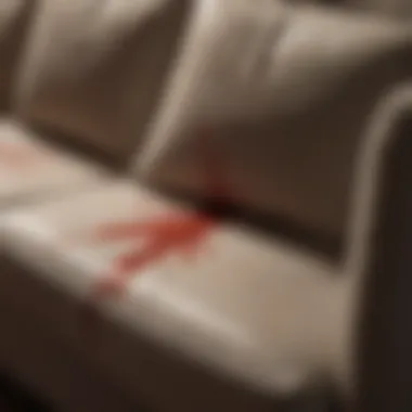 Close-up of a blood stain on couch fabric