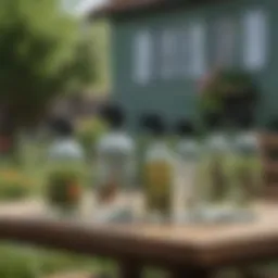 A variety of homemade rabbit deterrent sprays in glass bottles on a garden table
