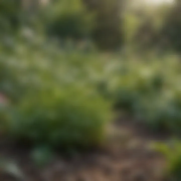 A close-up of various weed types growing among garden plants