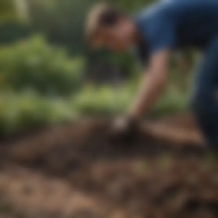 A gardener applying mulch as a natural weed barrier