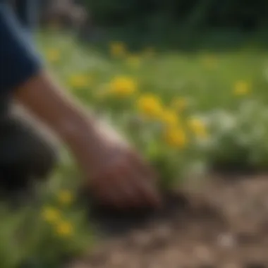 A hand pulling dandelions from a garden bed