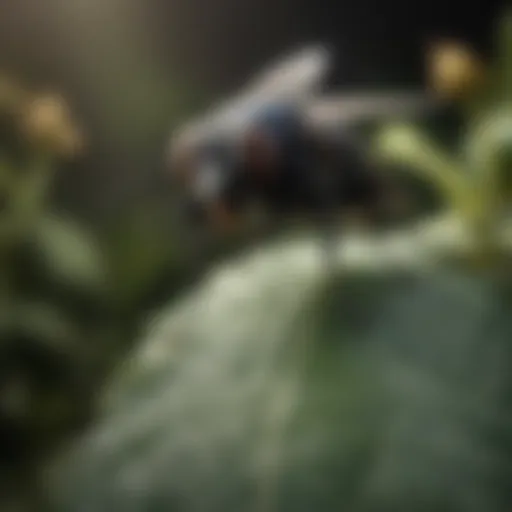 Close-up of a black fly on a leaf