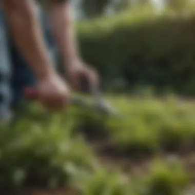 Close-up of a gardener manually removing weeds from a flower bed