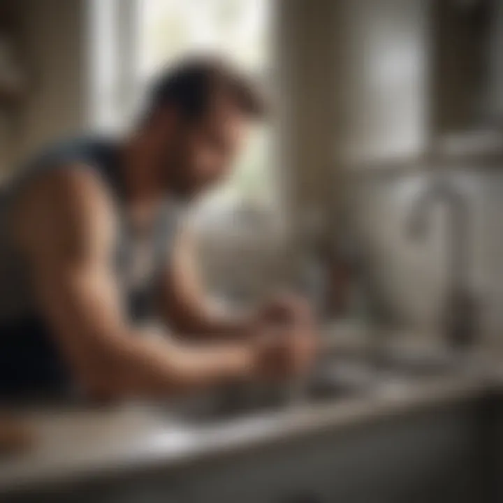 A professional plumber examining a kitchen sink with tools