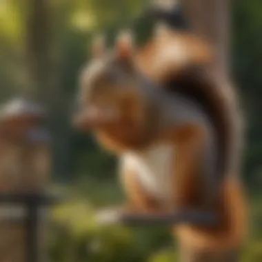 Squirrel in Action Near Bird Feeder A squirrel attempting to reach a bird feeder