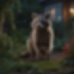 A raccoon exploring a garden at night