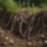 Close-up of healthy lawn soil with roots