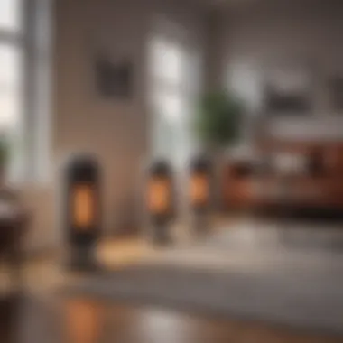 Illustration of different types of electric space heaters in a cozy living room setting.