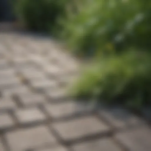 Close-up view of grass and weeds growing between paving stones