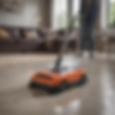 A satisfied homeowner using an automatic floor sweeper in a living room