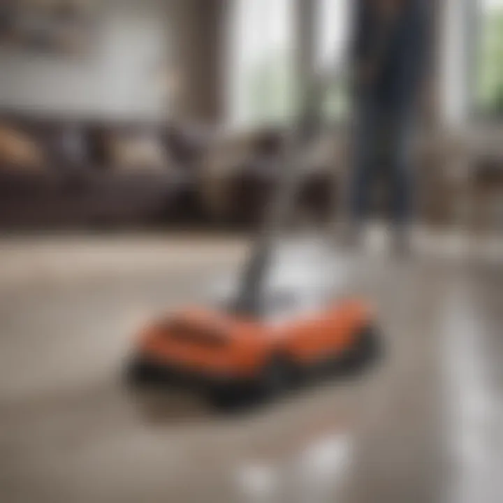 A satisfied homeowner using an automatic floor sweeper in a living room