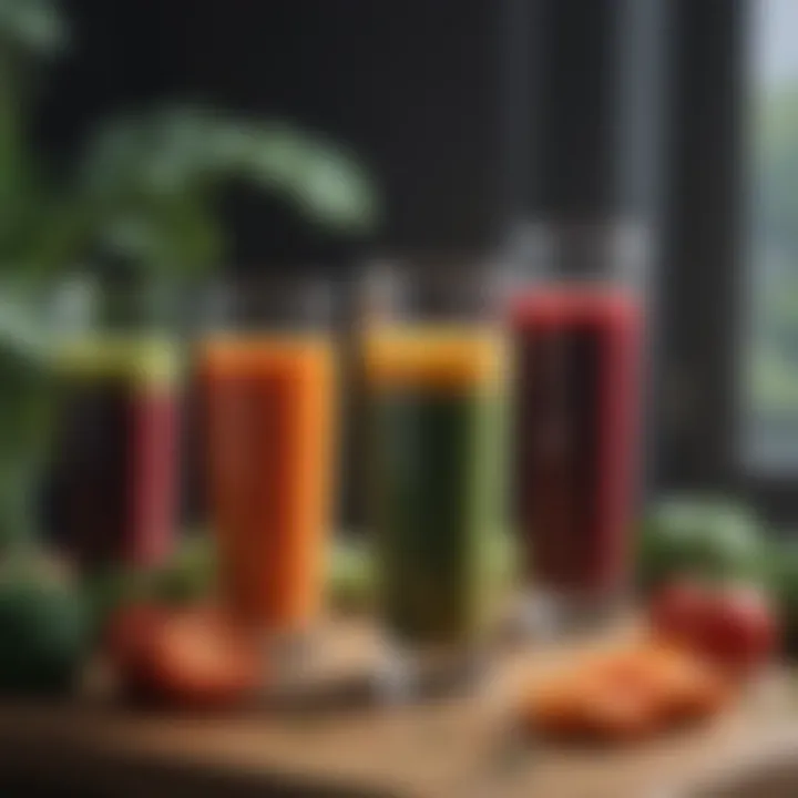 Colorful array of vegetable juices in glassware