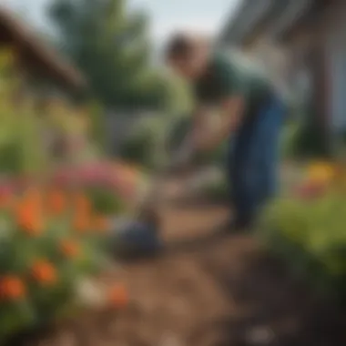 A gardener applying granular fertilizer to vibrant flower beds, demonstrating practical usage.