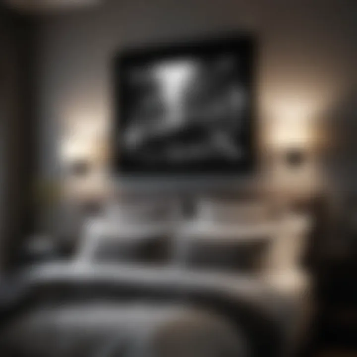 An elegant black and white photography collection displayed above a bed