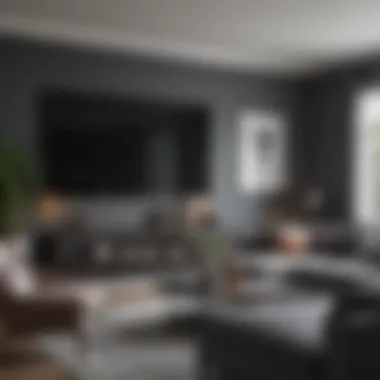 Sophisticated Modern Living Room with Dark Gray Accent Sophisticated dark gray accent wall in a modern living room