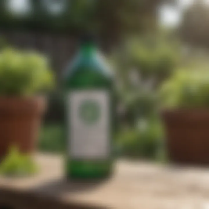 A close-up of a bottle of organic herbicide on a garden table