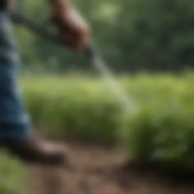Precision Application of Weed Control Sprays Close-up of a spray nozzle applying herbicide to weeds