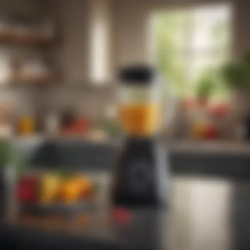 A sleek battery powered blender on a countertop with fresh fruits