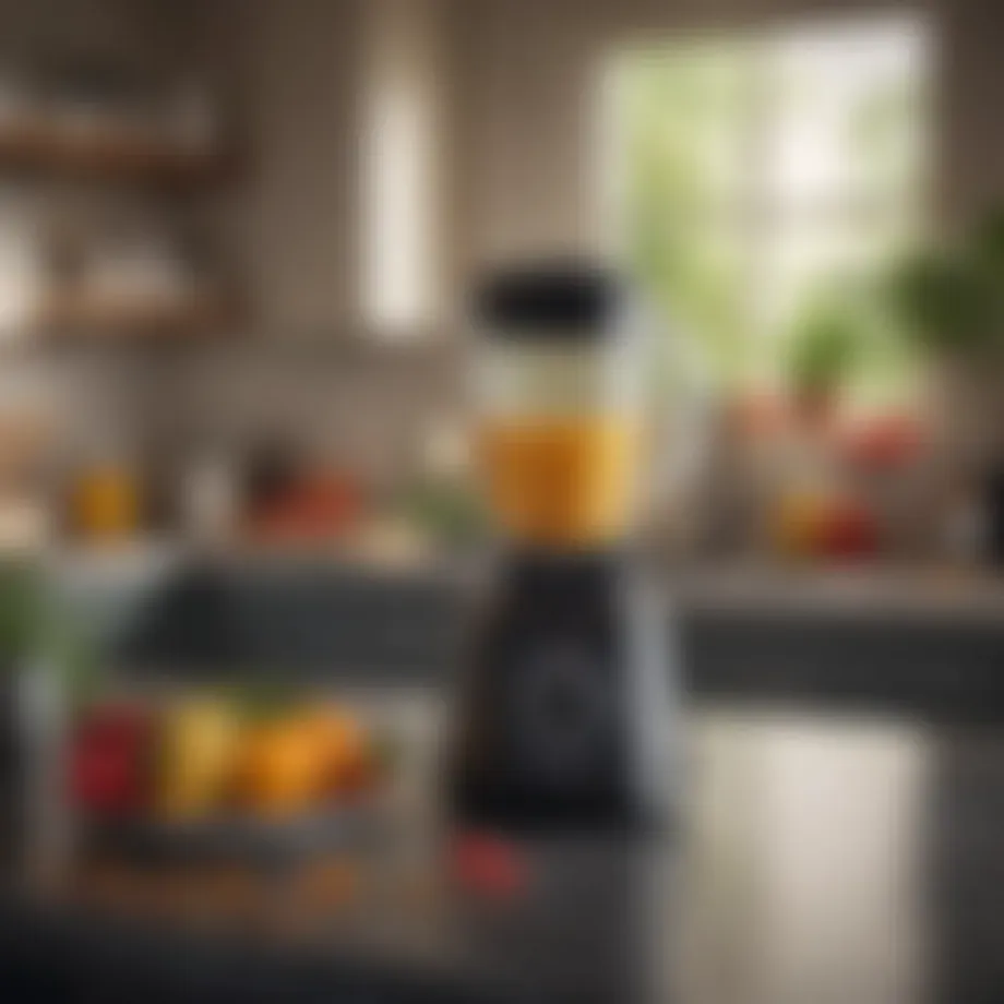 A sleek battery powered blender on a countertop with fresh fruits