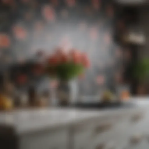 Elegant kitchen featuring floral wallpaper