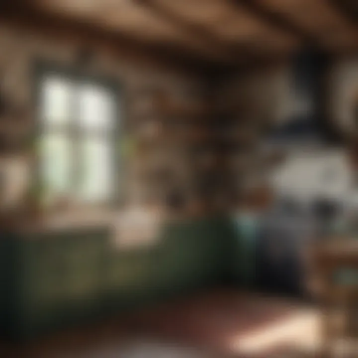 Rustic kitchen adorned with vintage-inspired wallpaper
