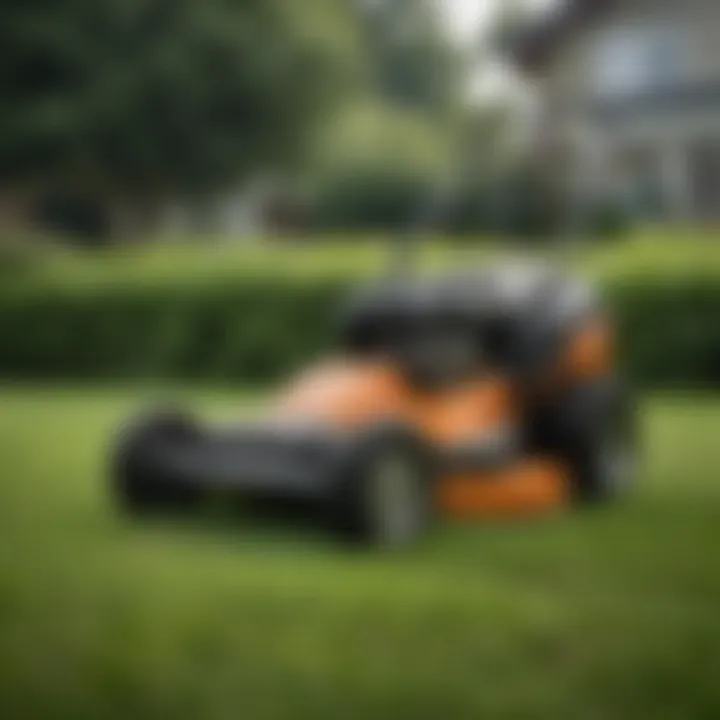 A sleek and modern lawn mower on a lush green lawn