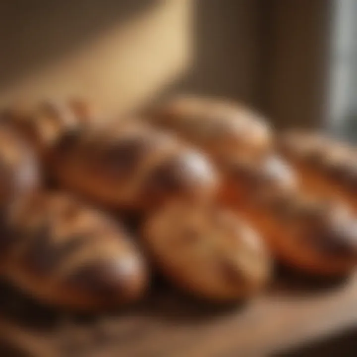 A variety of artisanal bread loaves arranged artfully on a wooden table.