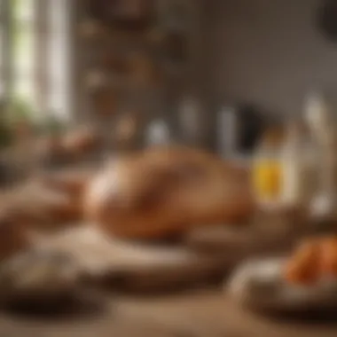 A selection of ingredients laid out for making bread in a cozy kitchen setting.