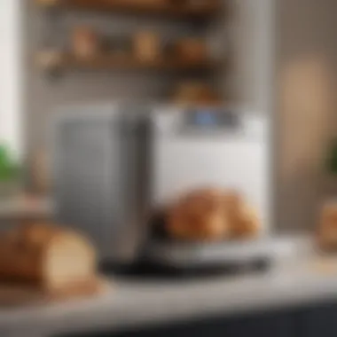 A sleek modern bread machine on a countertop with fresh bread beside it.