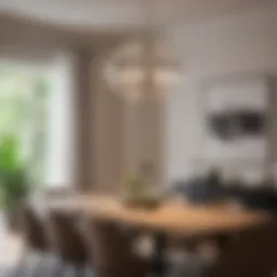 A modern dining room with a striking large pendant light hanging over the table