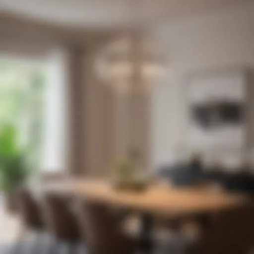 A modern dining room with a striking large pendant light hanging over the table