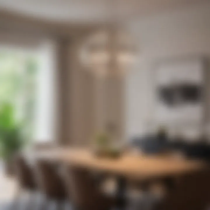 A modern dining room with a striking large pendant light hanging over the table