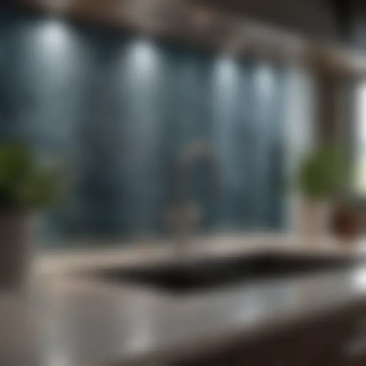 Glass backsplash reflecting light in an upscale kitchen