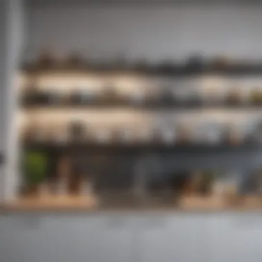 A modern kitchen with open shelving showcasing both decor and everyday items