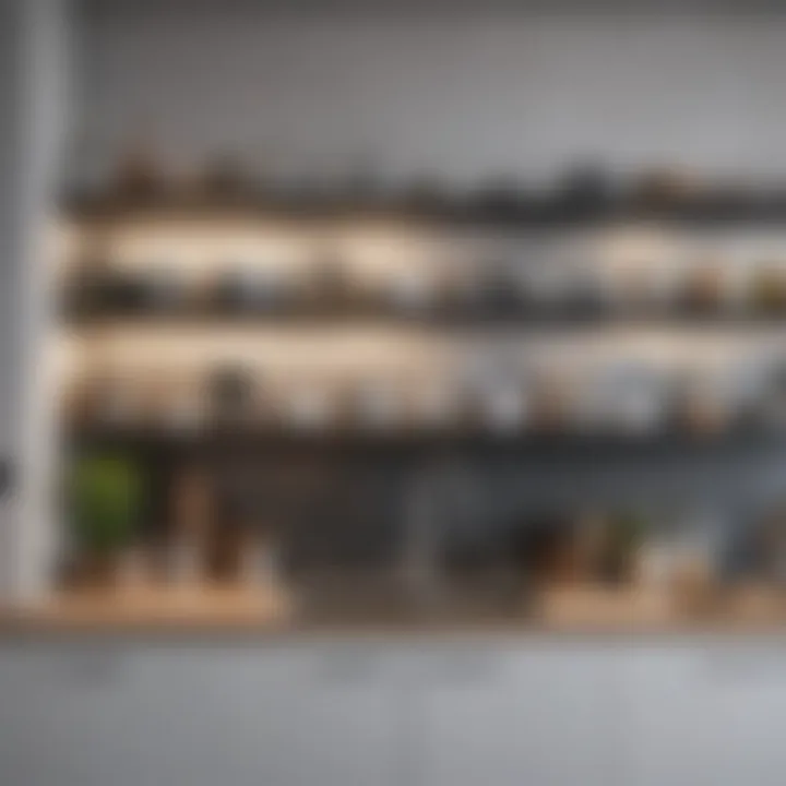 A modern kitchen with open shelving showcasing both decor and everyday items