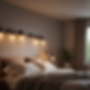 Modern Overhead Lamps in a Cozy Bedroom Setting Elegant bedroom with modern overhead lamps creating a cozy atmosphere