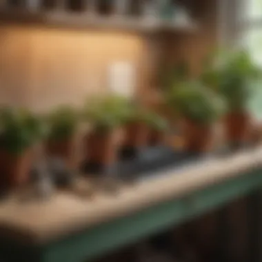 A neatly arranged potting station with tools and supplies for caring for Pilea plants