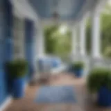A charming porch featuring a vibrant blue and white color scheme