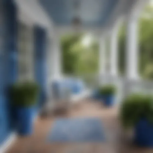 A charming porch featuring a vibrant blue and white color scheme