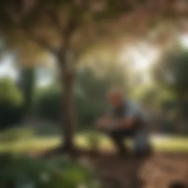 A gardener planting a young flowering tree in a sunny environment