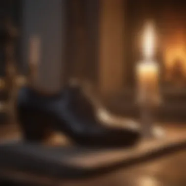 Close-up of a new shoe next to a burning candle