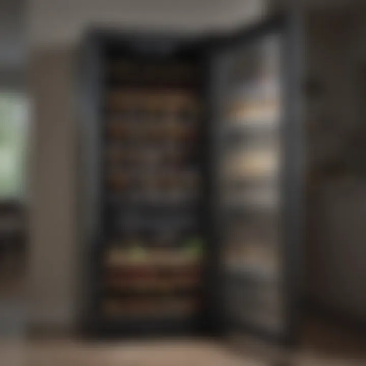 Wine cooler with various bottles displayed inside