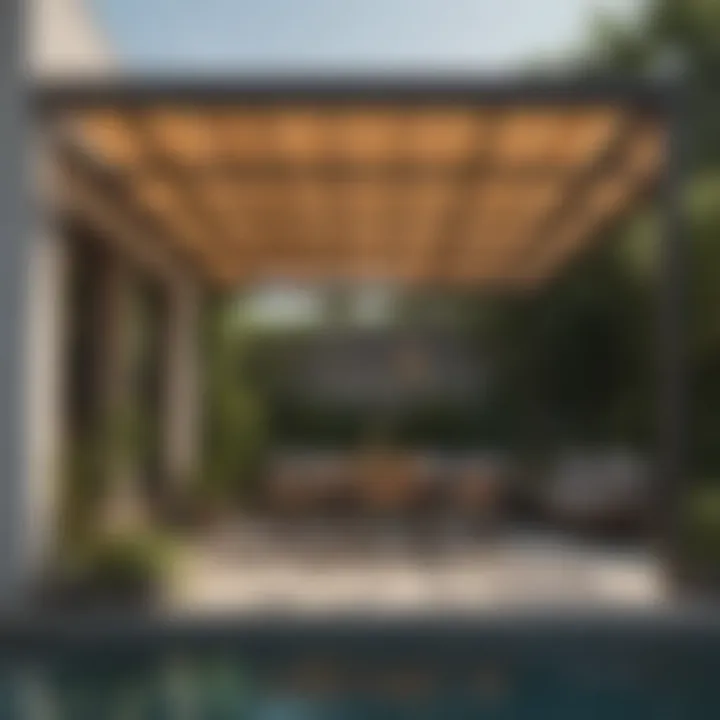 Modern outdoor area featuring a pergola with sunshade