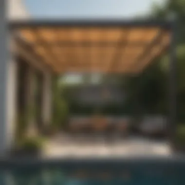 Contemporary Pergola with Integrated Sunshade Modern outdoor area featuring a pergola with sunshade