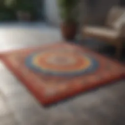 A vibrant outdoor rug placed on a patio, showcasing a stylish design