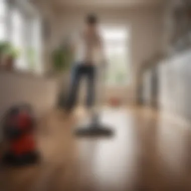 User demonstrating vacuum cleaner's versatility in a cluttered home environment