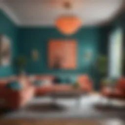 Vibrant living room showcasing teal and coral color scheme