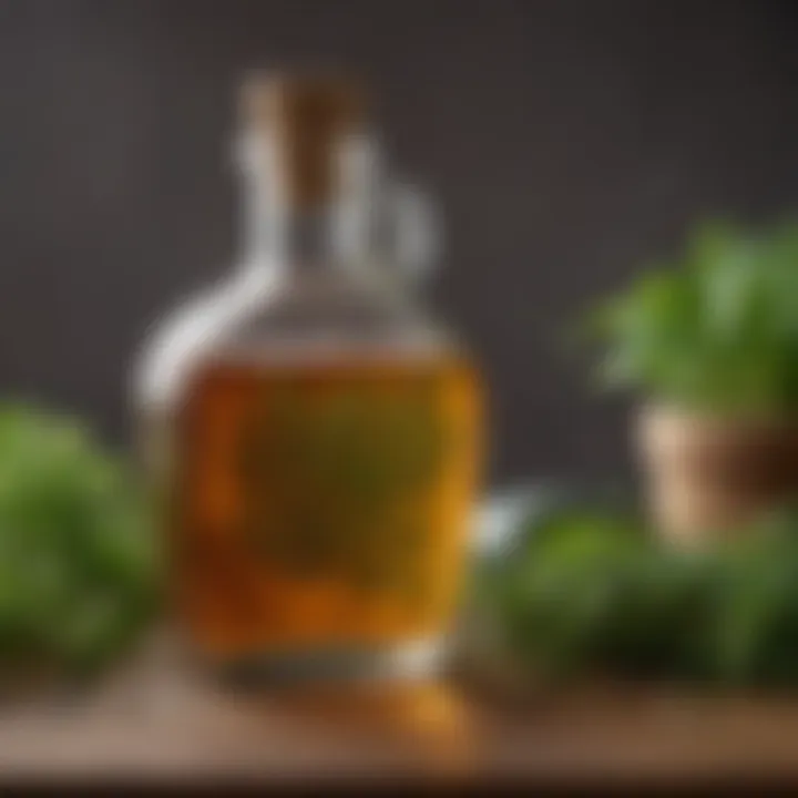 A close-up view of vinegar in a glass container, surrounded by fresh herbs and natural cleaning tools.