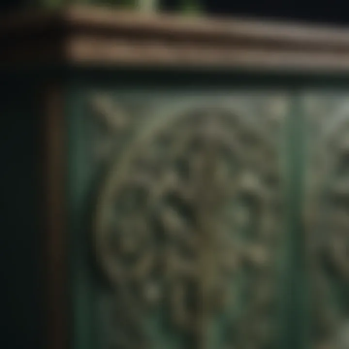 Close-up of intricate detailing on green painted furniture