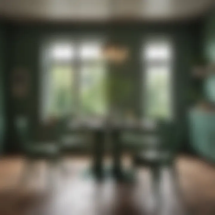 Stylish dining area featuring green painted table and chairs